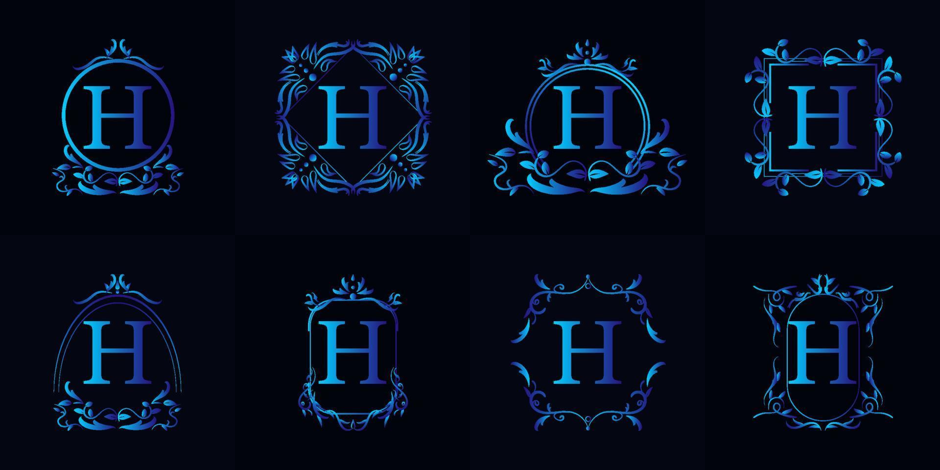 logotipo inicial h com ornamento de luxo ou moldura de flores, coleção definida. vetor