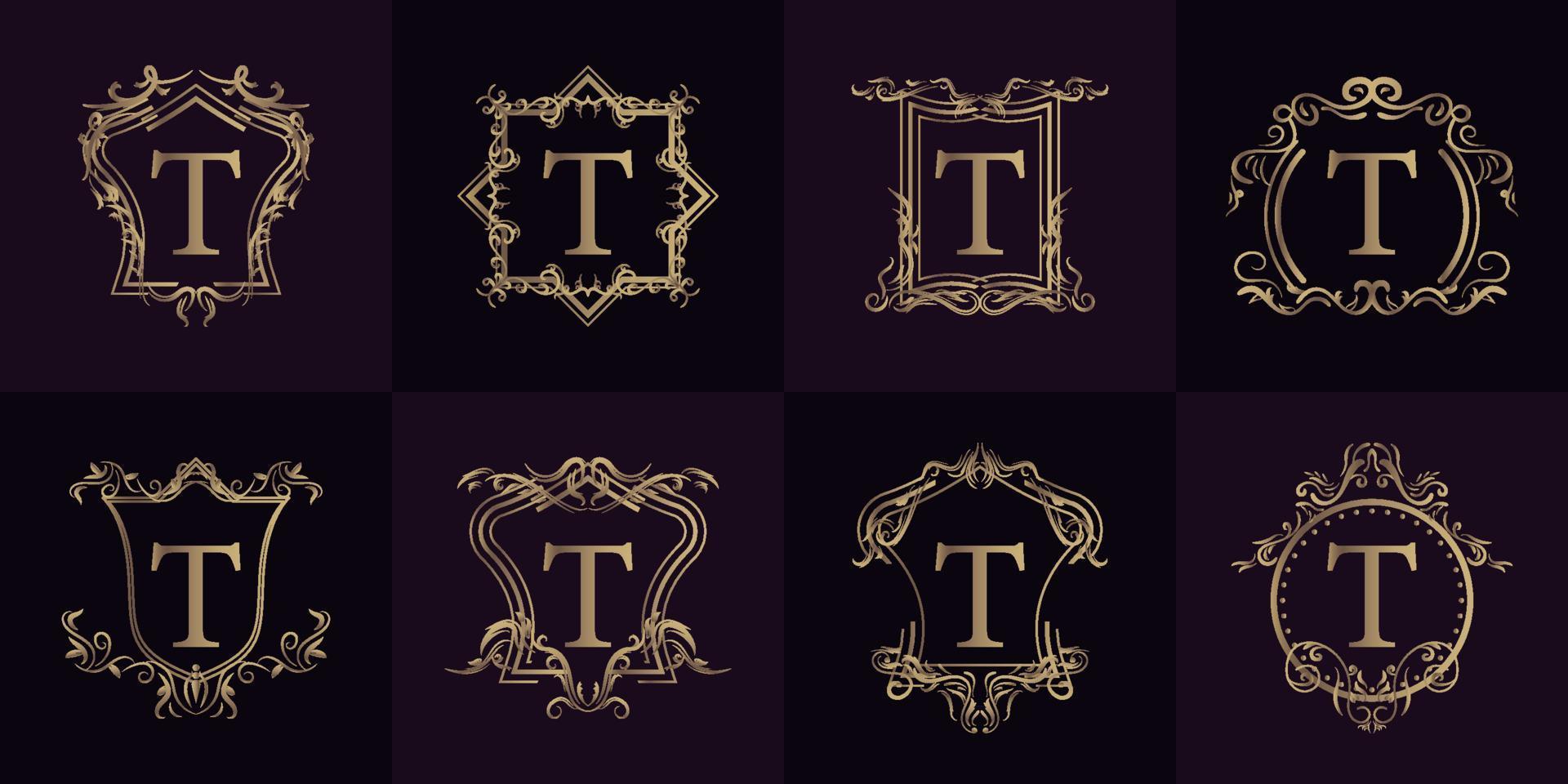 coleção de logotipo inicial t com ornamento de luxo ou moldura de flores vetor