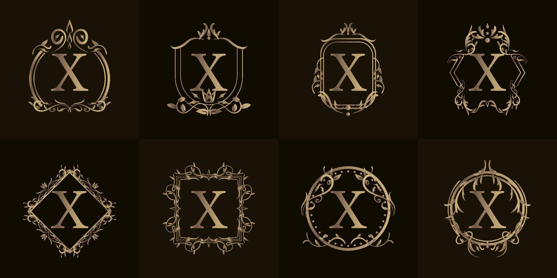 logotipo inicial x com ornamento de luxo ou moldura de flores, coleção definida. vetor