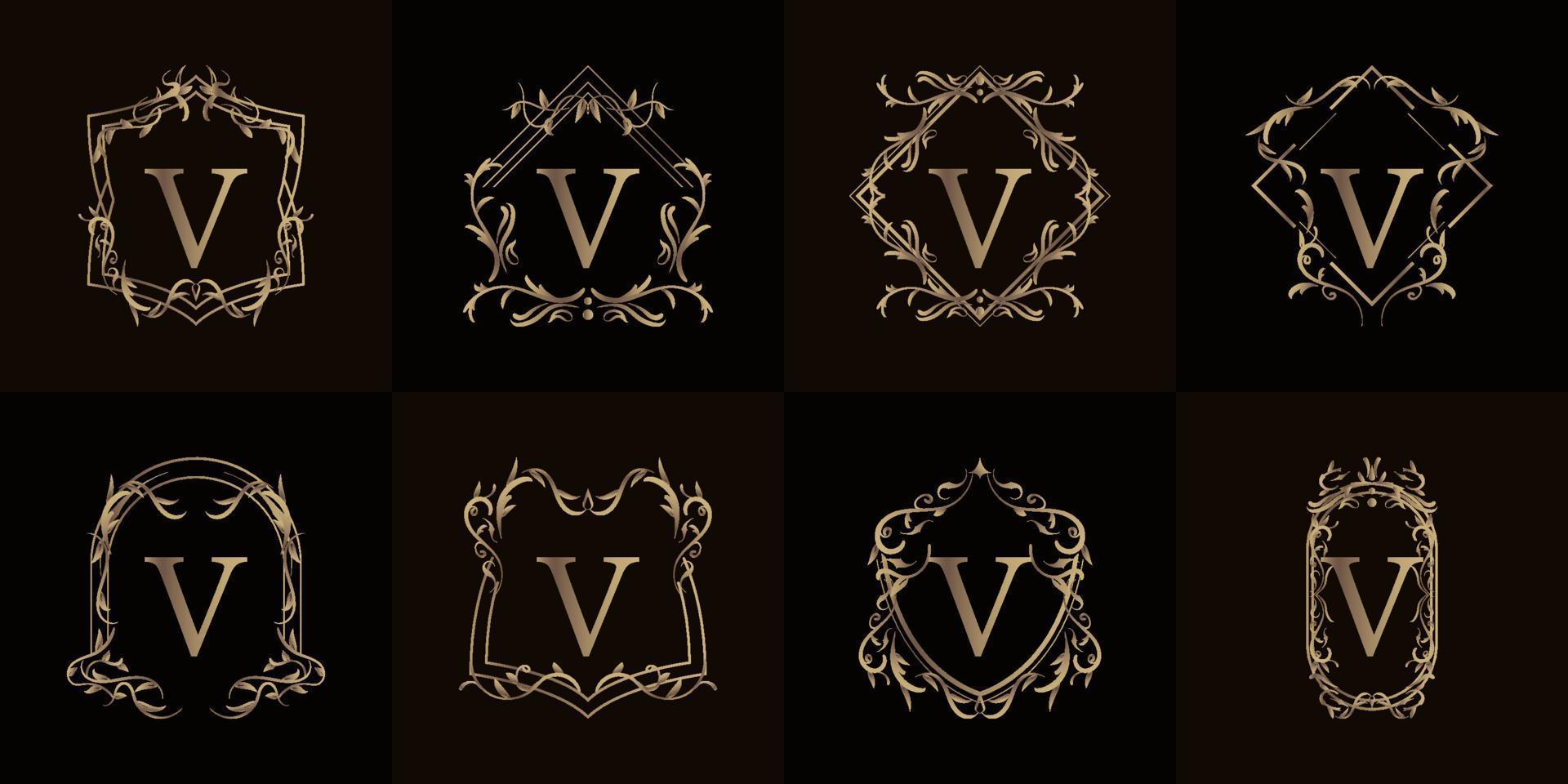 logotipo inicial v com ornamento de luxo ou moldura de flores, coleção definida. vetor
