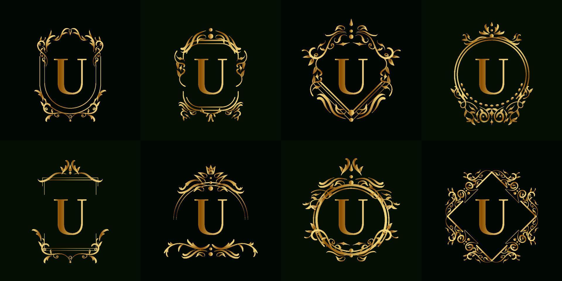 coleção de logotipo inicial u com ornamento de luxo ou moldura de flores vetor