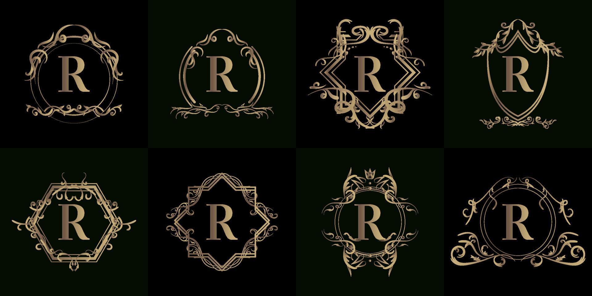 coleção de logotipo inicial r com ornamento de luxo ou moldura de flores vetor
