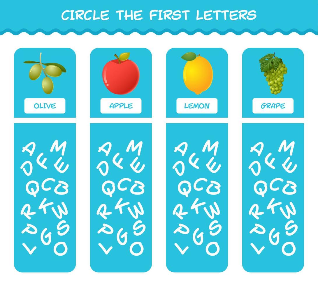 circule as primeiras letras das frutas dos desenhos animados. jogo de correspondência. jogo educativo para crianças e bebês da pré-escola vetor