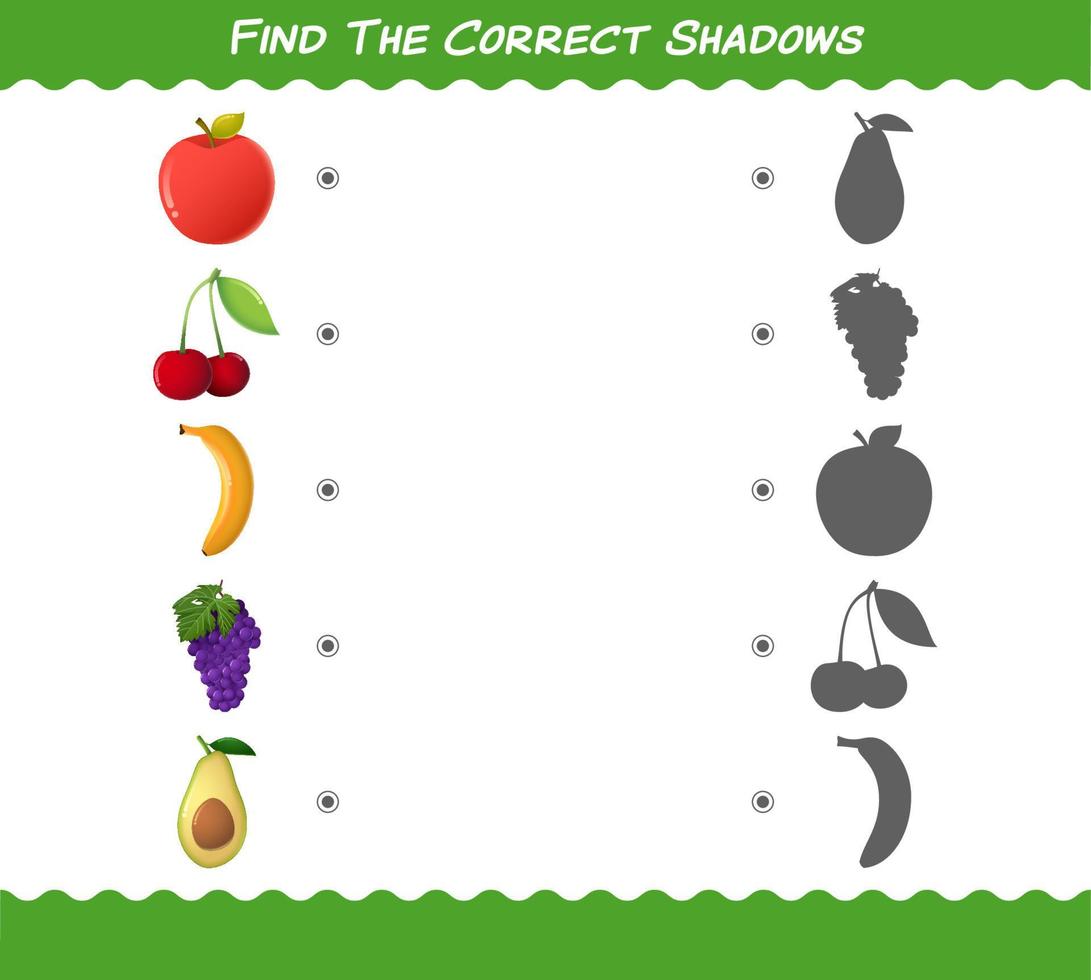 encontre as sombras corretas das frutas dos desenhos animados. jogo de busca e correspondência. jogo educativo para crianças e bebês da pré-escola vetor