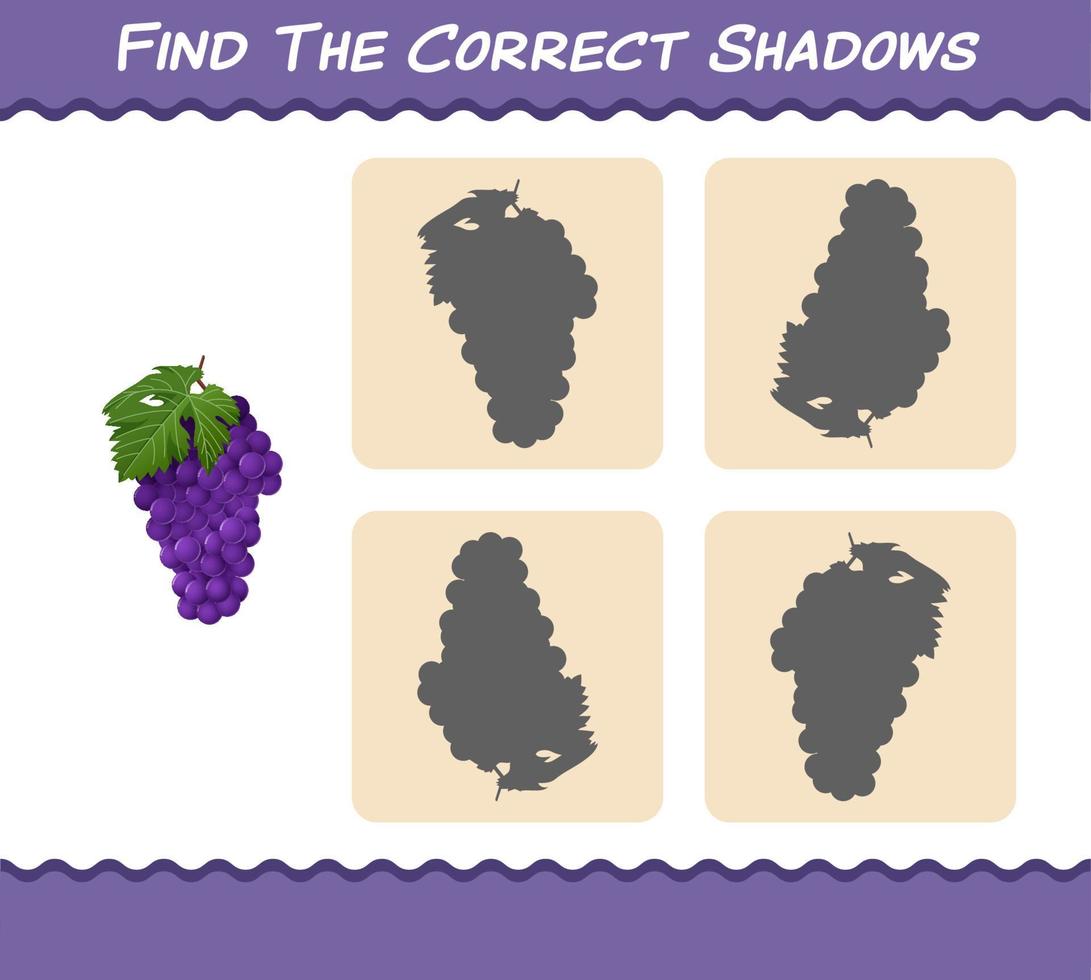 encontre as sombras corretas da uva roxa dos desenhos animados. jogo de busca e correspondência. jogo educativo para crianças e bebês da pré-escola vetor
