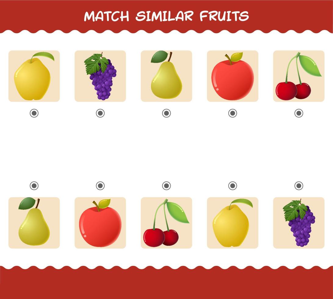 combinar semelhante de frutas dos desenhos animados. jogo de correspondência. jogo educativo para crianças e bebês da pré-escola vetor