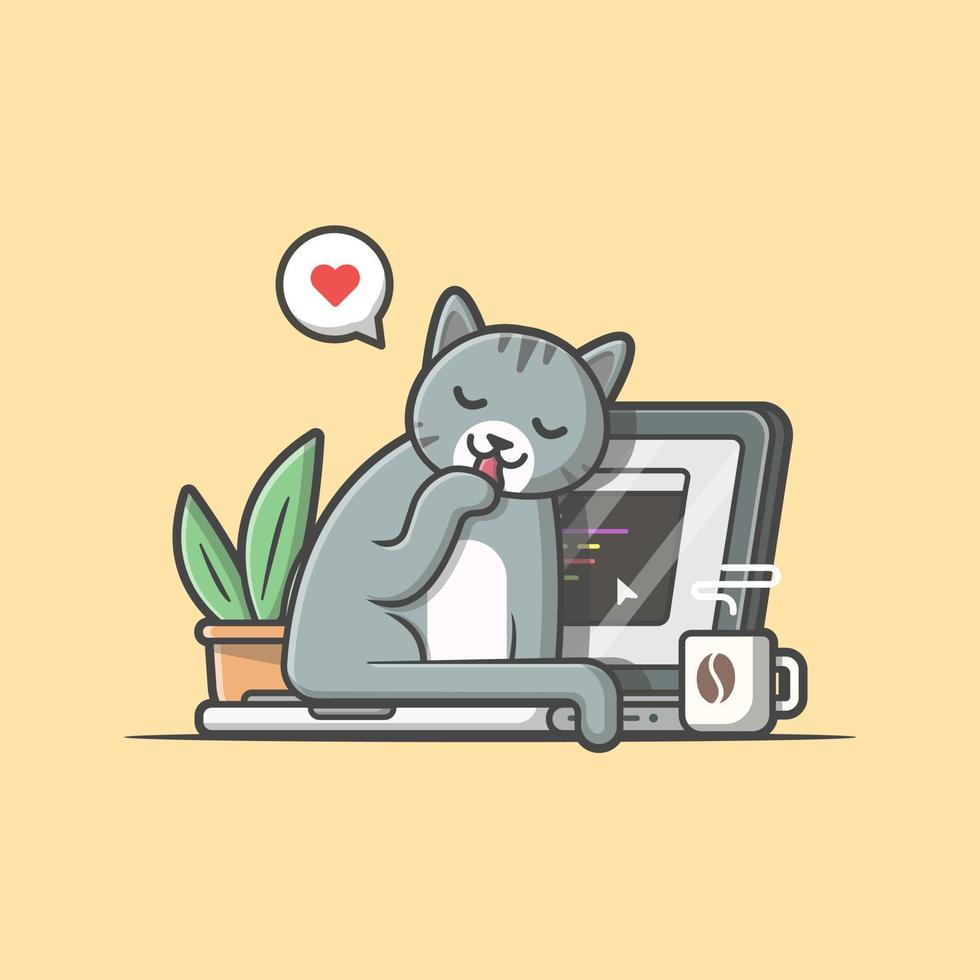 gato com ilustração de ícone de vetor dos desenhos animados de laptop. animal tecnologia ícone conceito isolado vetor premium. estilo de desenho animado plano