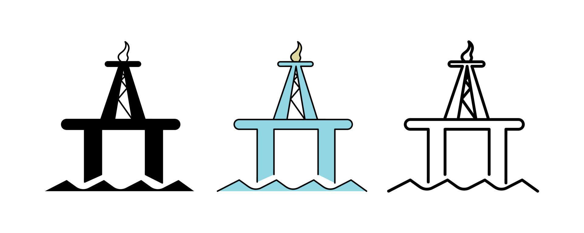 design de ícone de campo de energia no mar. conjunto de ícone de campo de perfuração de silhueta, colorido e linear. ilustração em vetor linha ícone campo petrolífero isolado em um fundo limpo para seu aplicativo móvel da web.