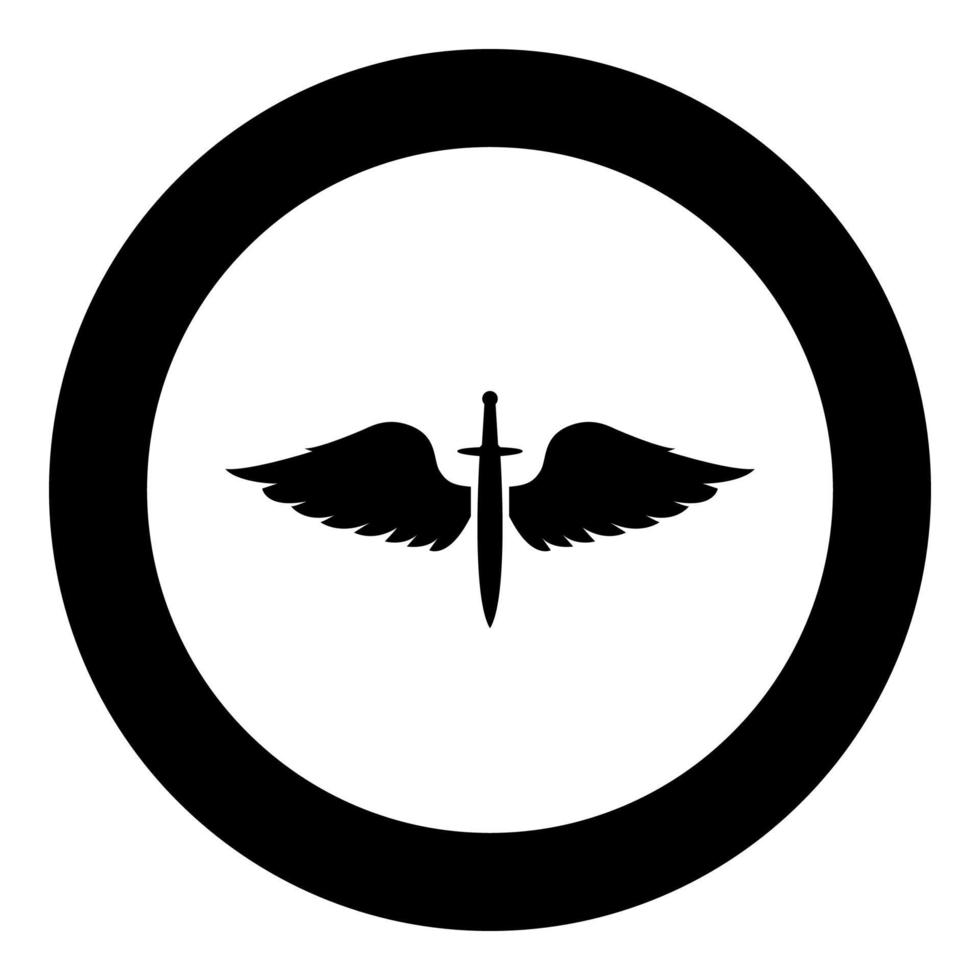 asas e espada símbolo cadetes lâmina alada arma idade medieval guerreiro insígnia brasão bravura conceito ícone no círculo redondo cor preta ilustração vetorial imagem de estilo plano vetor