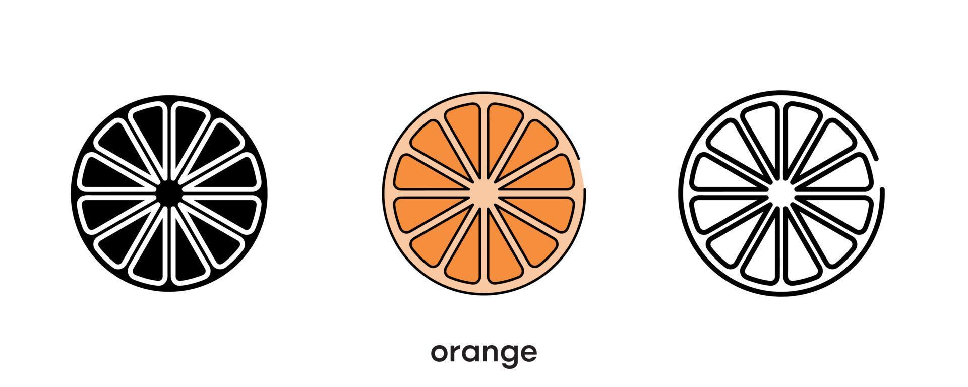 design de ícone laranja. ícone laranja definido em silhueta, colorido e linear. ilustração vetorial de linha de ícone de frutas isolada em um fundo limpo para o design do logotipo do aplicativo móvel da web. linha moderna. vetor