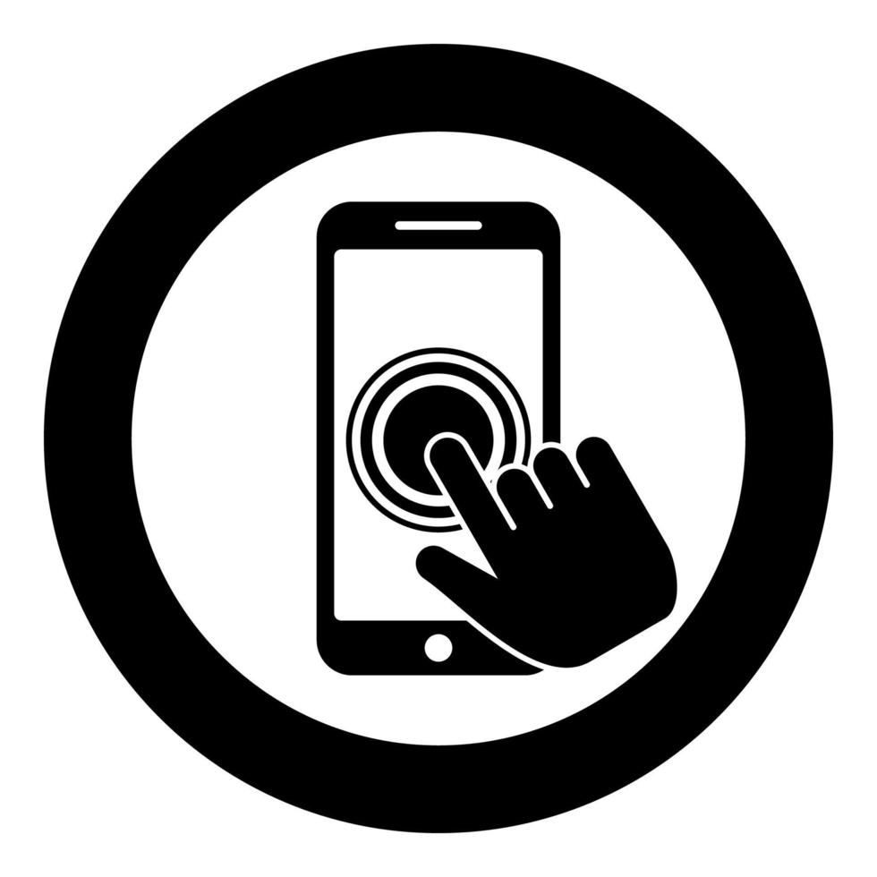 clique no smartphone com tela sensível ao toque smartphone moderno com a mão clicando no dedo da tela clique na ação do celular em aplicativos celular usando o ícone do telefone no círculo redondo vetor de cor preta