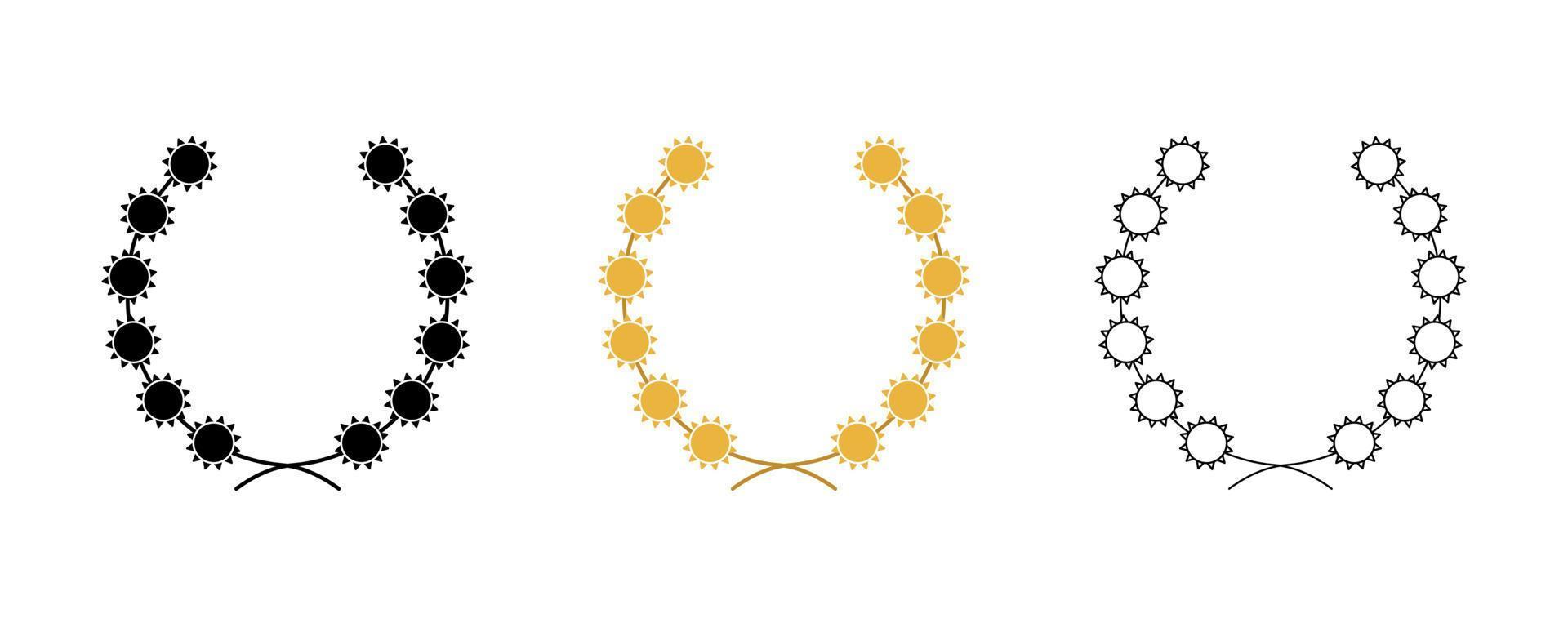 coleção de cor amarela, silhueta, sol circular e coroas representando um prêmio, coroa de heráldica. sucesso, vitória, coroa, vencedor, ornamentado, ilustração do ícone vetorial. vetor