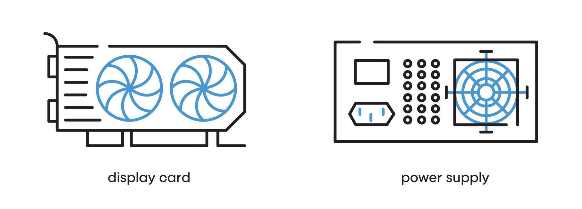 placa de vídeo e conjunto de ícones de fonte de alimentação. este ícone é um conjunto de símbolos para peças de computador. ícone de placa de computador colorido. traço editável. logotipo, web e aplicativo. vetor