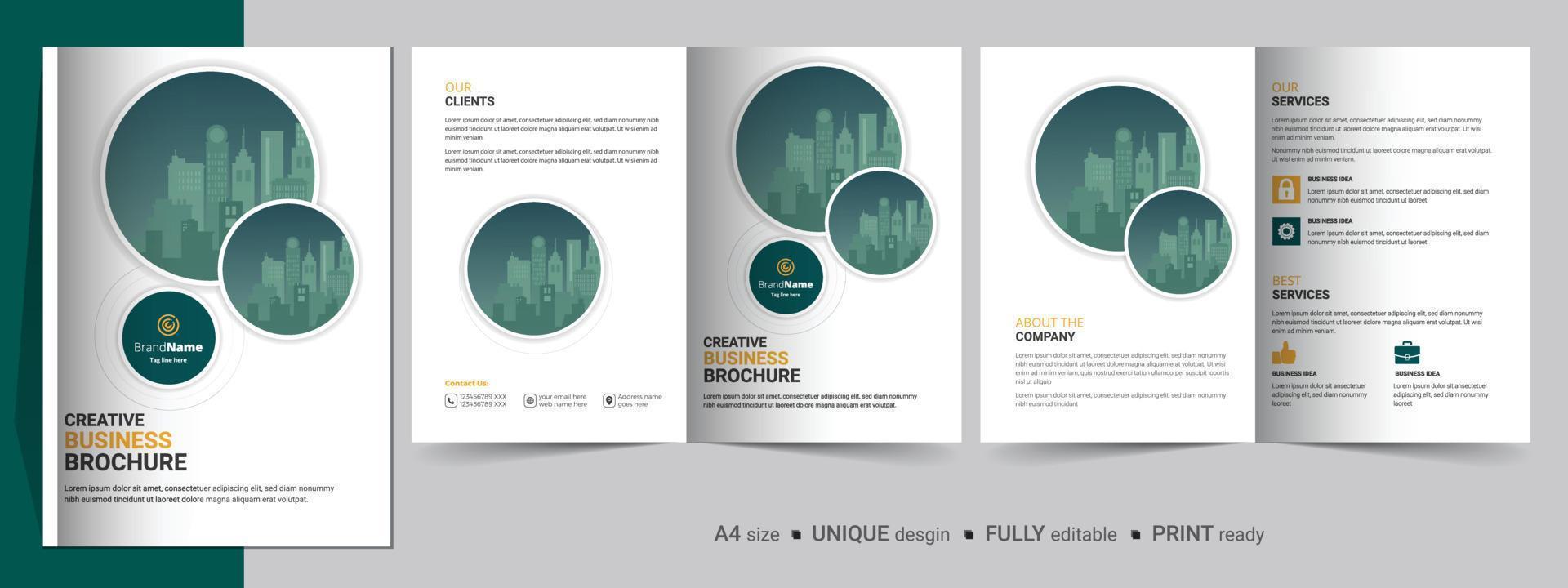 modelo de design de brochura criativa com duas dobras. modelo multiuso, inclui capa, verso e páginas internas. vetor