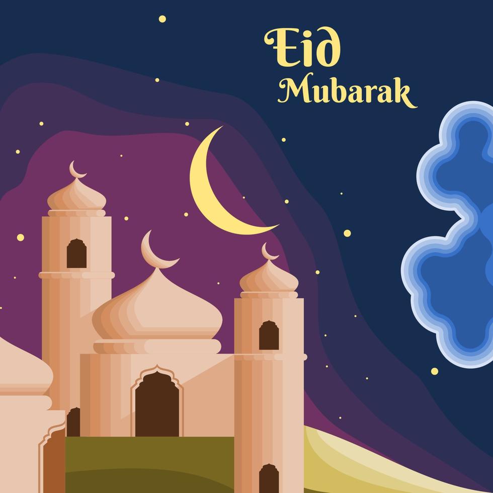 mesquita editável com lua crescente e estrelas na ilustração vetorial de cena noturna nublada para eid fitr mubarak e conceito de design de momentos islâmicos vetor