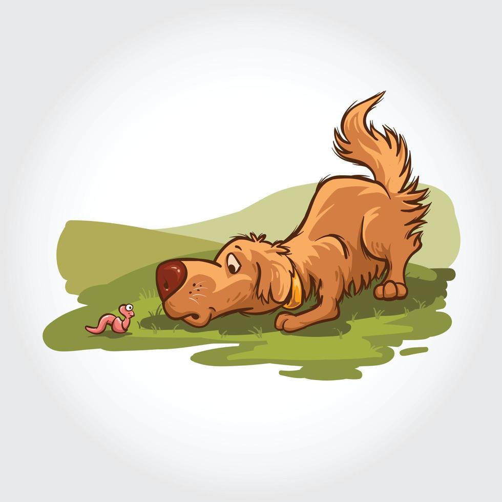 personagem de desenho animado de vetor de cachorro. ilustração de mascote de cães brincam com vermes no campo.