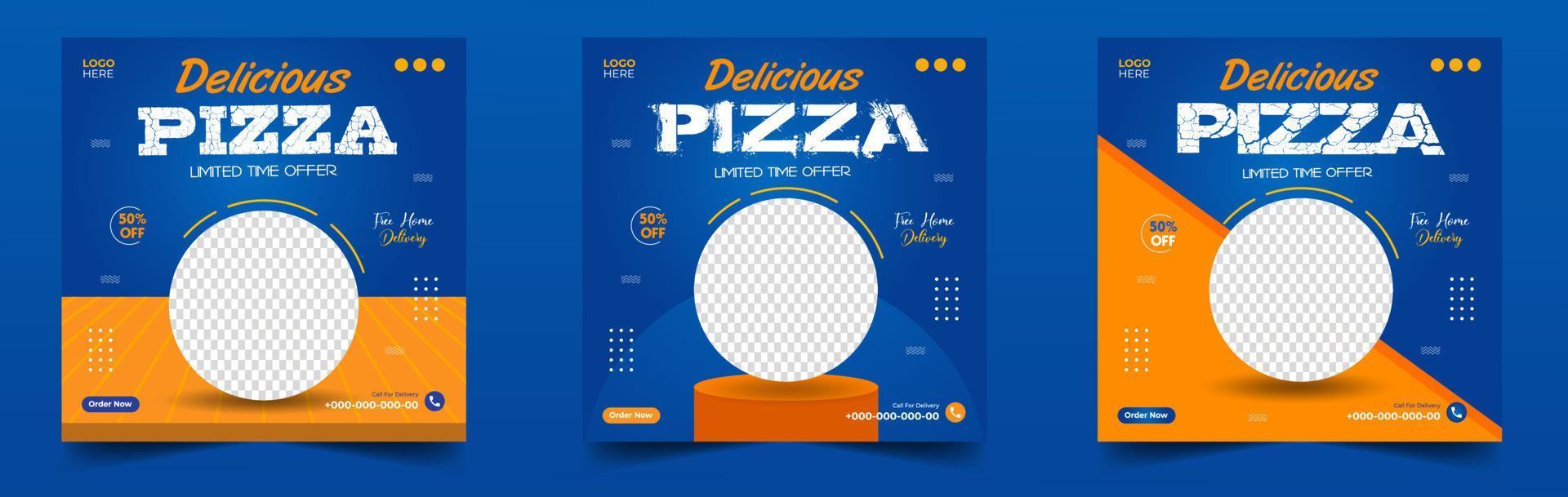 modelo de postagem de banner de mídia social de pizza. banner social de pizza, design de banner de pizza, modelo de mídia social de fast food para restaurante. mídia social de pizza poste design de banner com cor azul e laranja. vetor