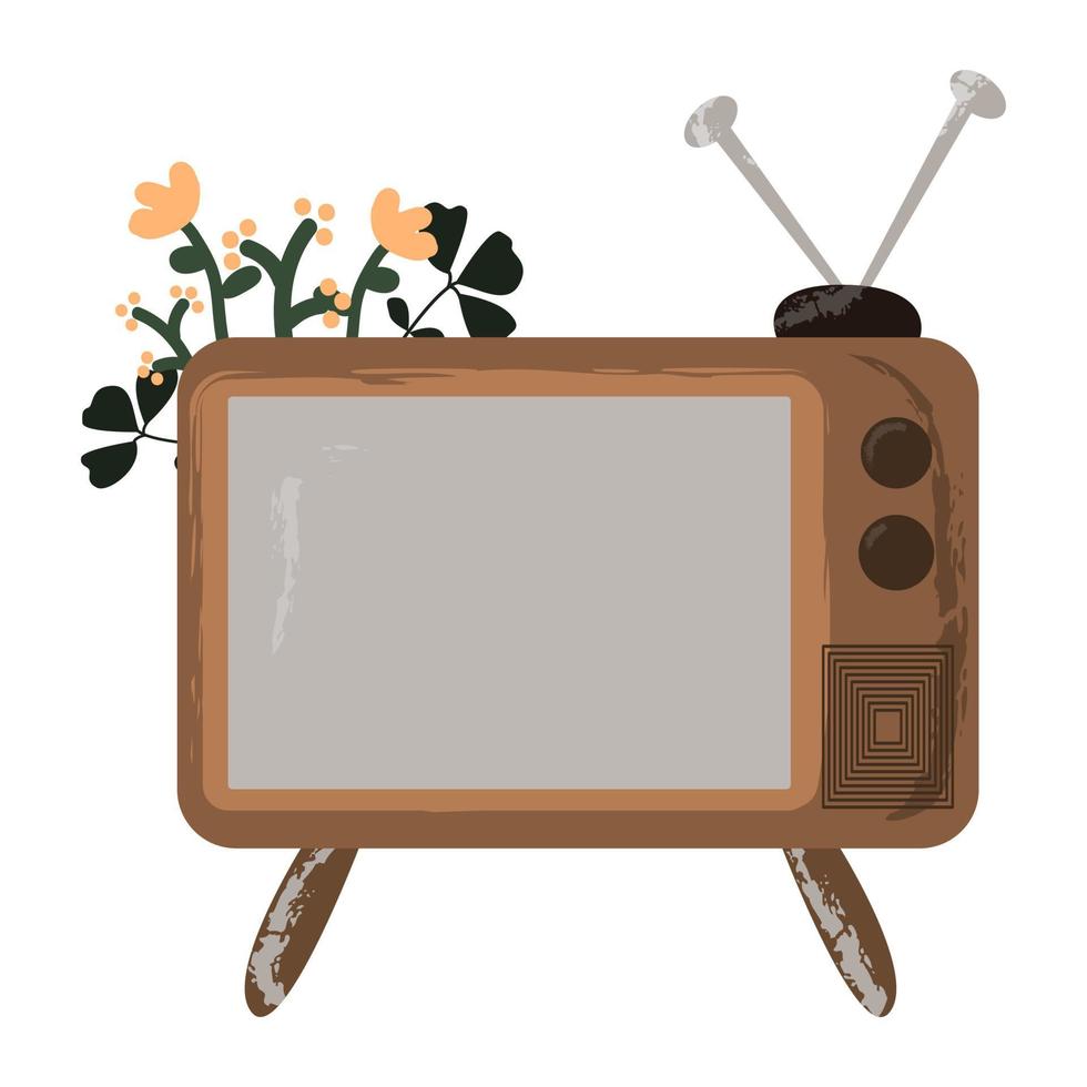 televisão antiga antiga em estilo retro com flores. ícone vintage de tv. ilustração vetorial plana moderna vetor