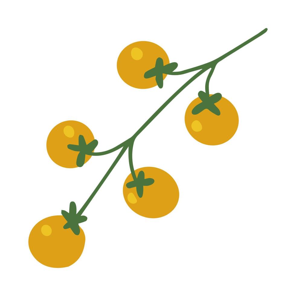 cereja de tomate fresco amarelo em um galho. comida ecológica orgânica da fazenda. ilustração vetorial desenhada à mão dos desenhos animados isolada no fundo branco vetor