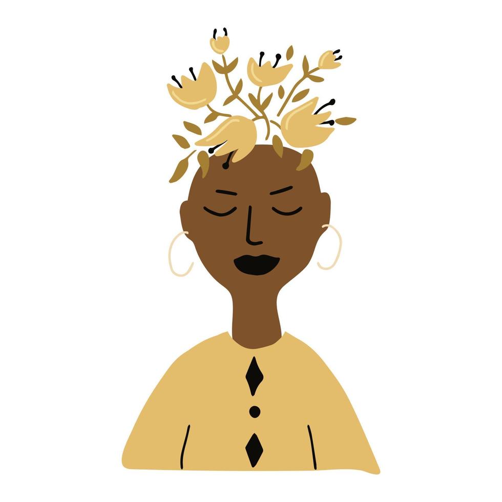 mulher afro-americana em harmonia consigo mesma. conceito de saúde mental. ilustração vetorial desenhada à mão dos desenhos animados isolada no fundo branco vetor