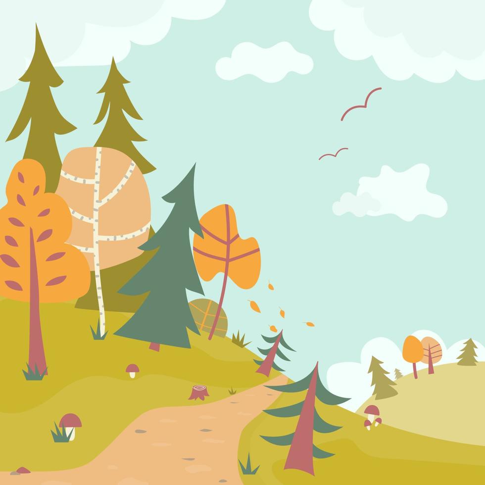 paisagem de floresta de outono bonito dos desenhos animados. cair fundo infantil. ilustração vetorial plana vetor