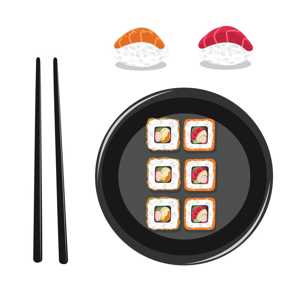 conjunto de sushi e pãezinhos em um prato com pauzinhos de desenho animado em um fundo branco vetor