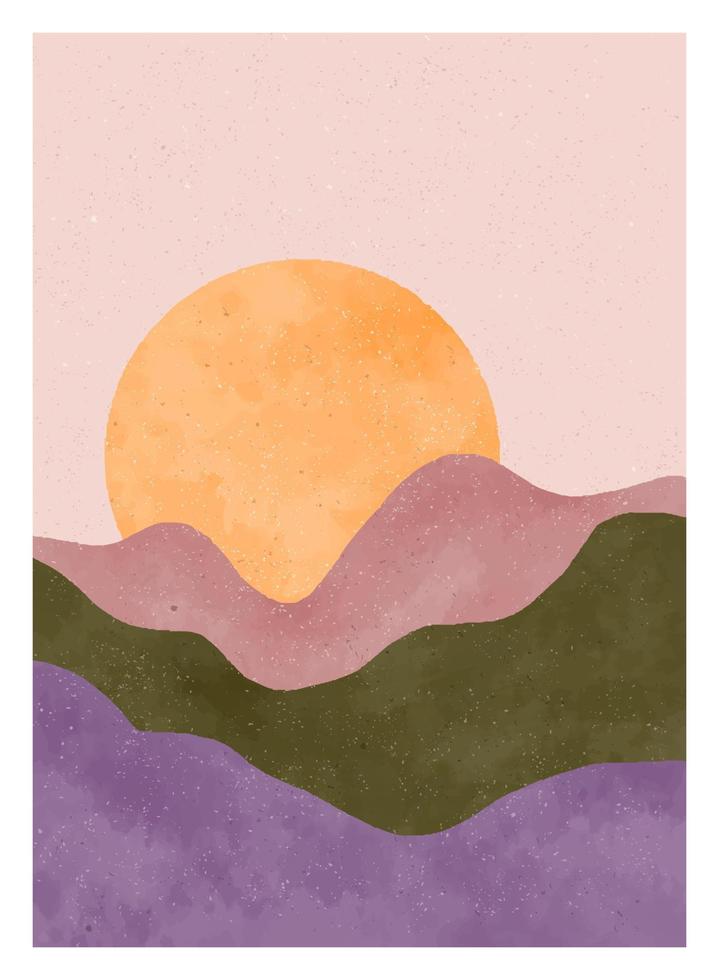 montanha, floresta, colina, onda, sol e lua em grande conjunto. impressão de arte minimalista moderna de meados do século. paisagem de fundos estéticos contemporâneos abstratos. ilustrações vetoriais vetor