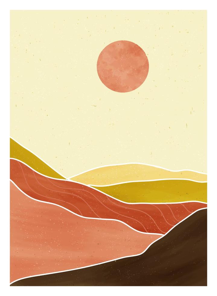 fundo de paisagem de montanha abstrata. ilustrações criativas e minimalistas pintadas à mão de impressão de arte moderna de meados do século. floresta, colina e lua no set vetor