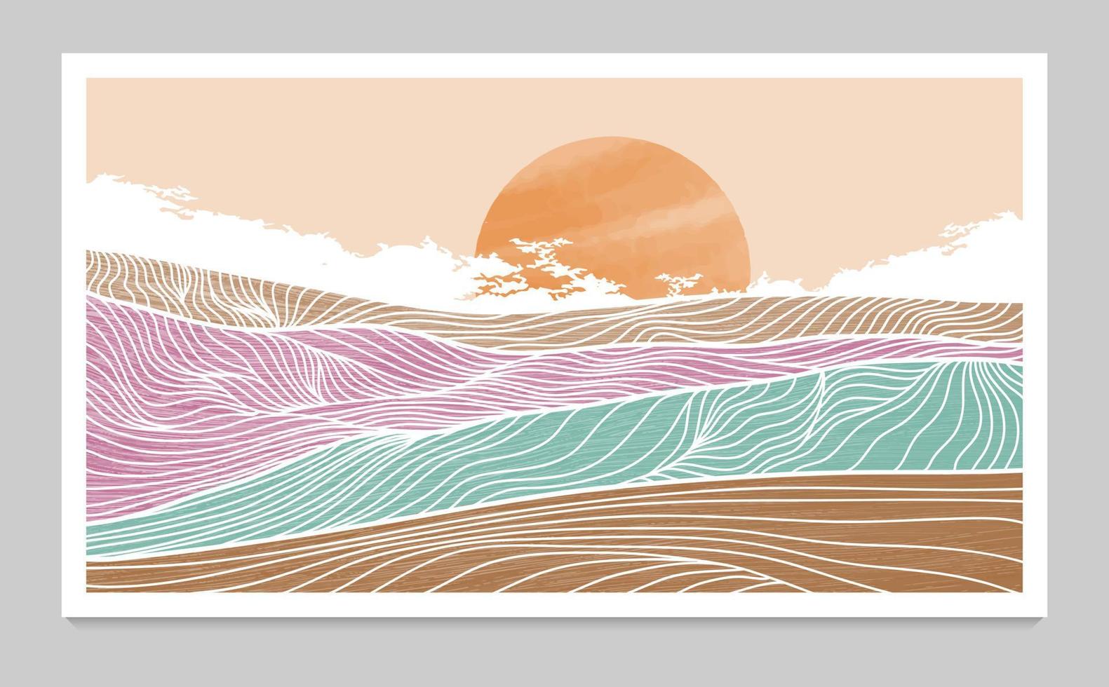 conjunto de impressão criativa de arte de linha moderna minimalista. paisagens de fundos estéticos contemporâneos de montanha abstrata. com montanha, floresta, mar, horizonte, onda. ilustrações vetoriais vetor