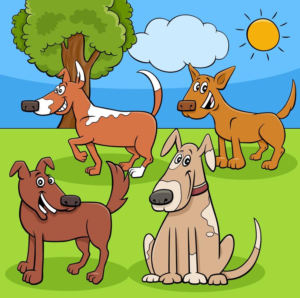 personagens de cachorros e cachorros brincalhões de desenhos animados em um parque vetor