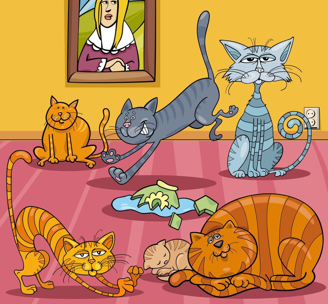 Ilustração dos desenhos animados do grupo de personagens de animais em  quadrinhos de gatos coloridos engraçados