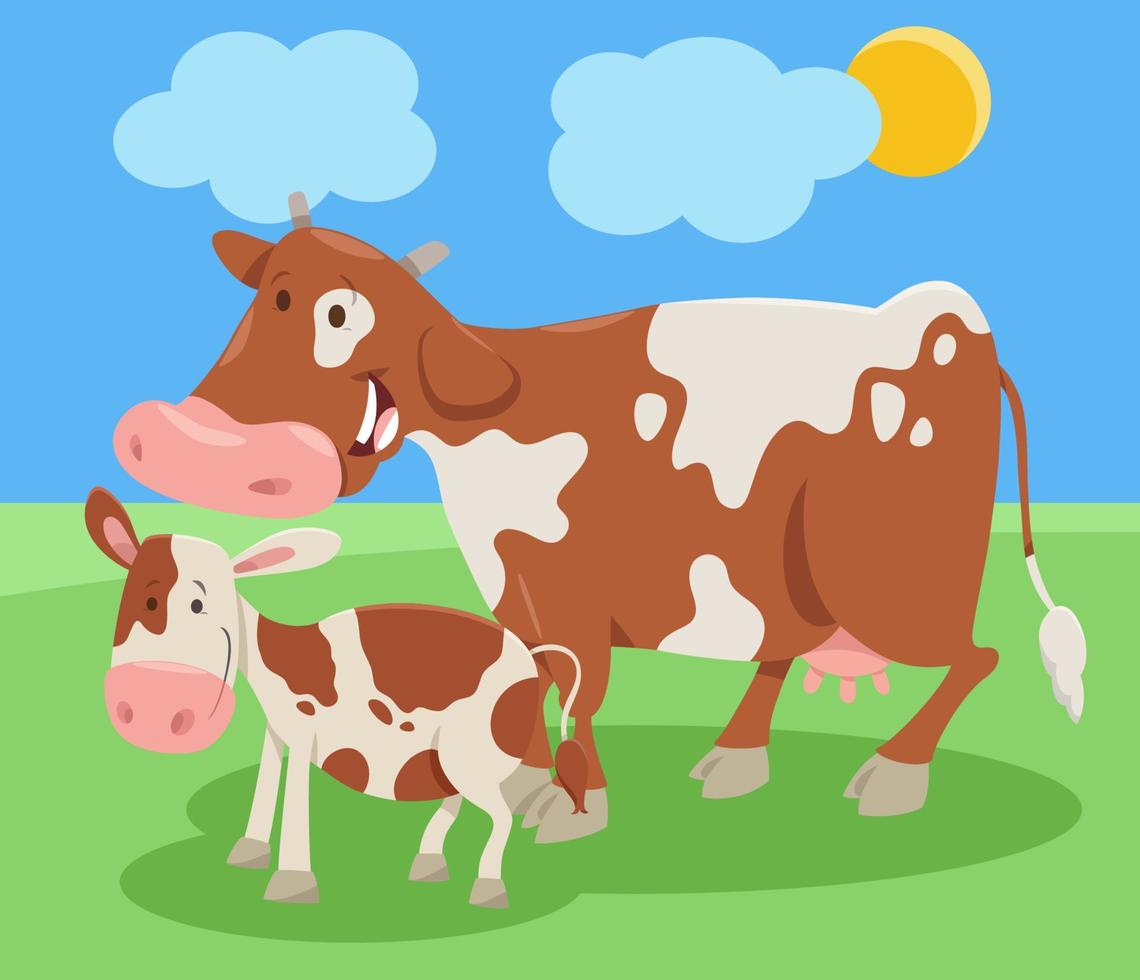 personagem de animal de fazenda de vaca de desenho animado engraçado com bezerro vetor