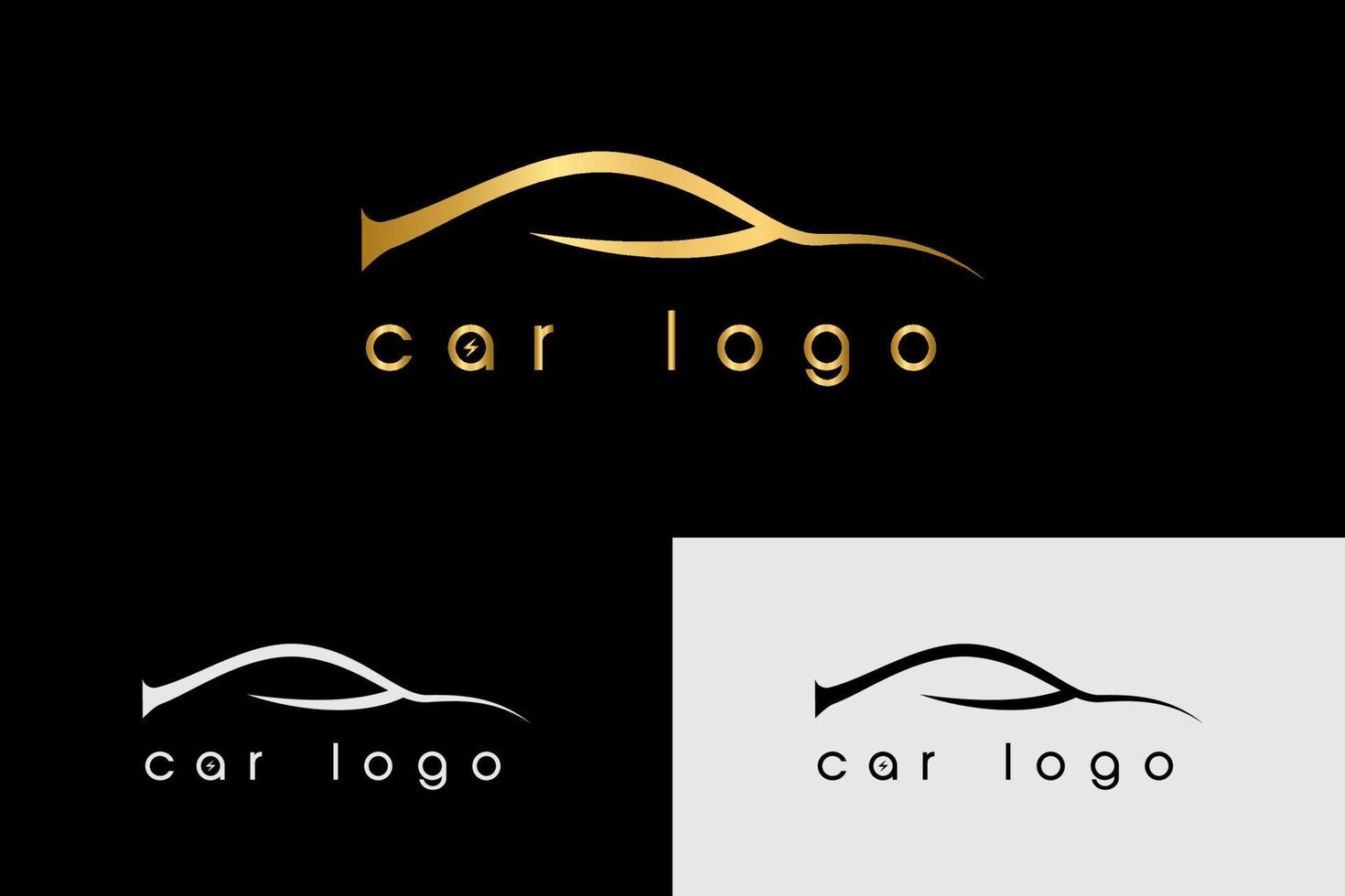 o logotipo do carro e o ícone do relâmpago são dourados sobre fundo preto e várias outras opções de cores. adequado para logotipos esportivos, oficinas e lavagem de carros vetor
