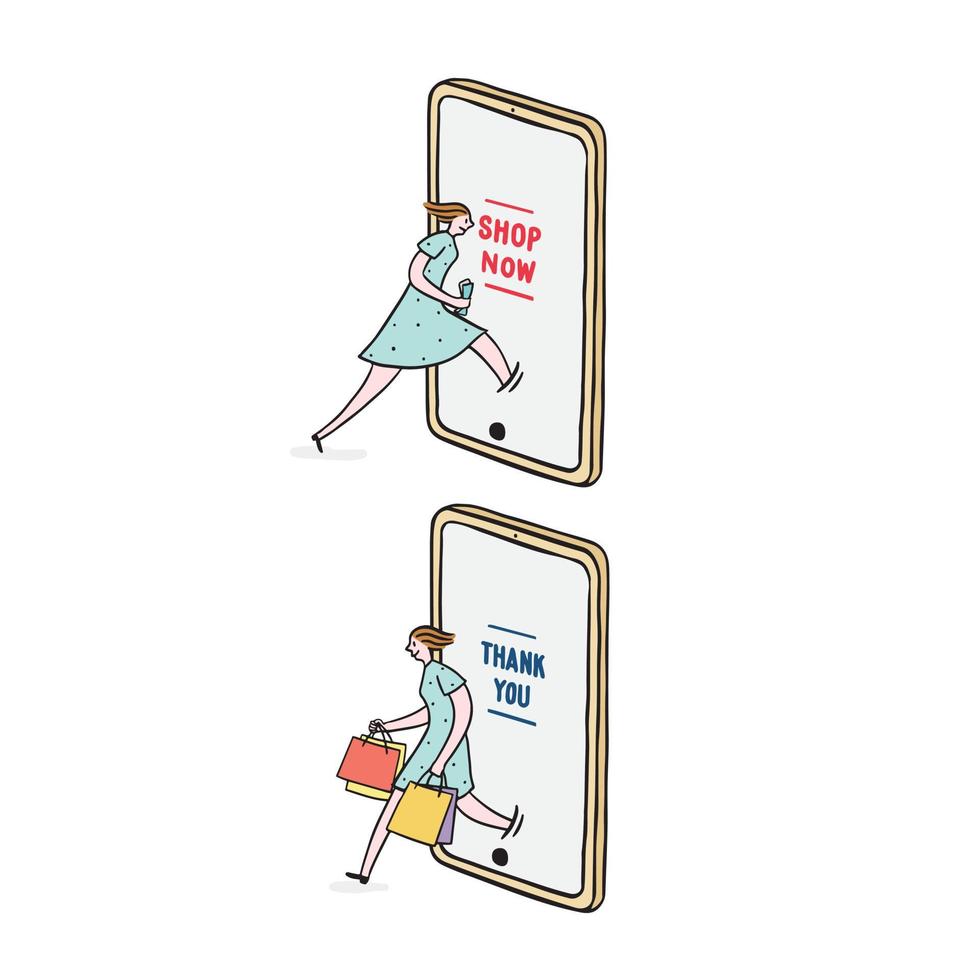 ilustração vetorial desenhada à mão de mulher usando telefone inteligente para compras on-line. mulher sai do celular com sacola de compras. vetor