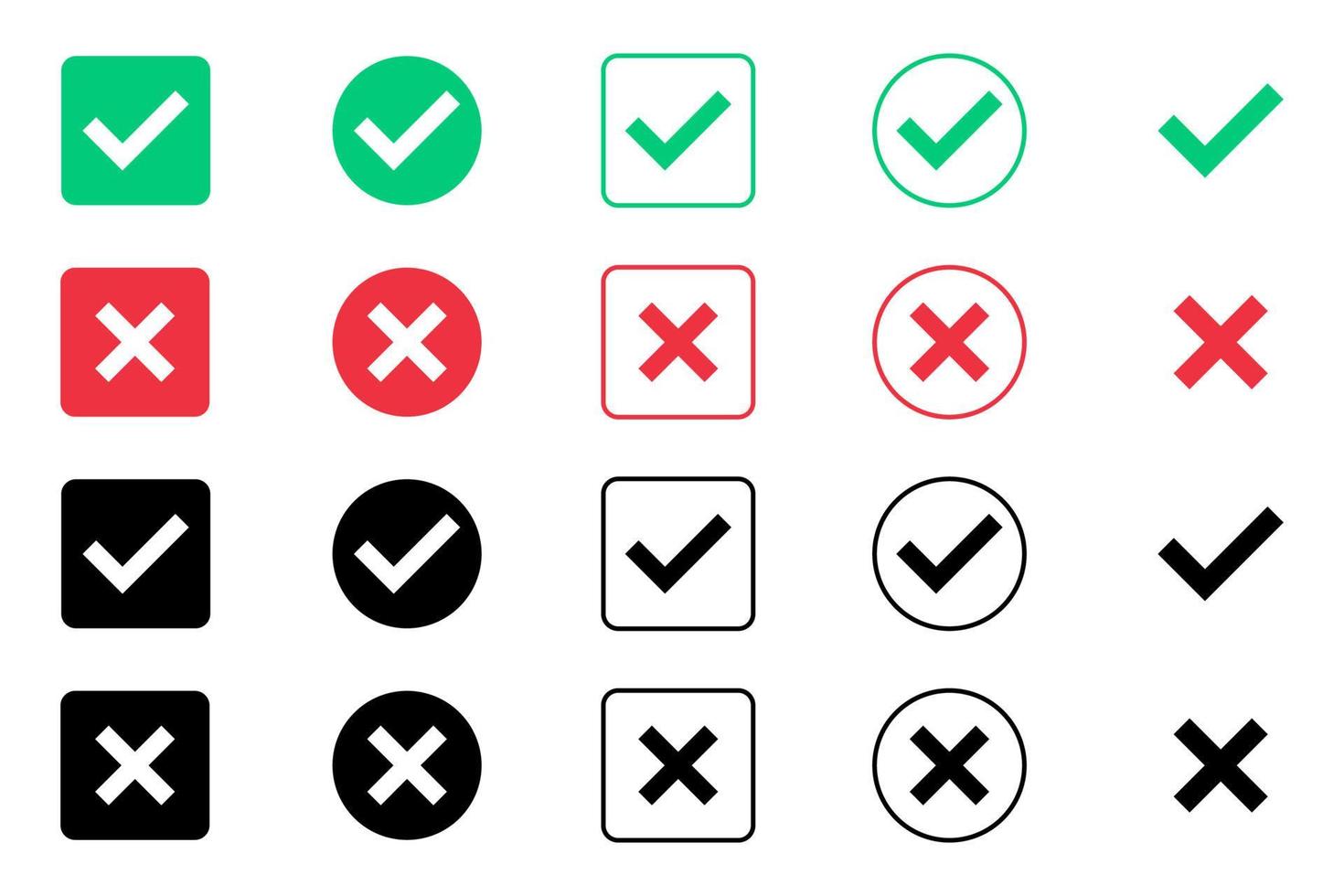 marca de seleção verde e conjunto de ícones de marca de cruz vermelha. símbolos de carrapato isolados. sinais de lista de verificação. distintivo de aprovação. design de marca de seleção plano e moderno. ilustração vetorial vetor