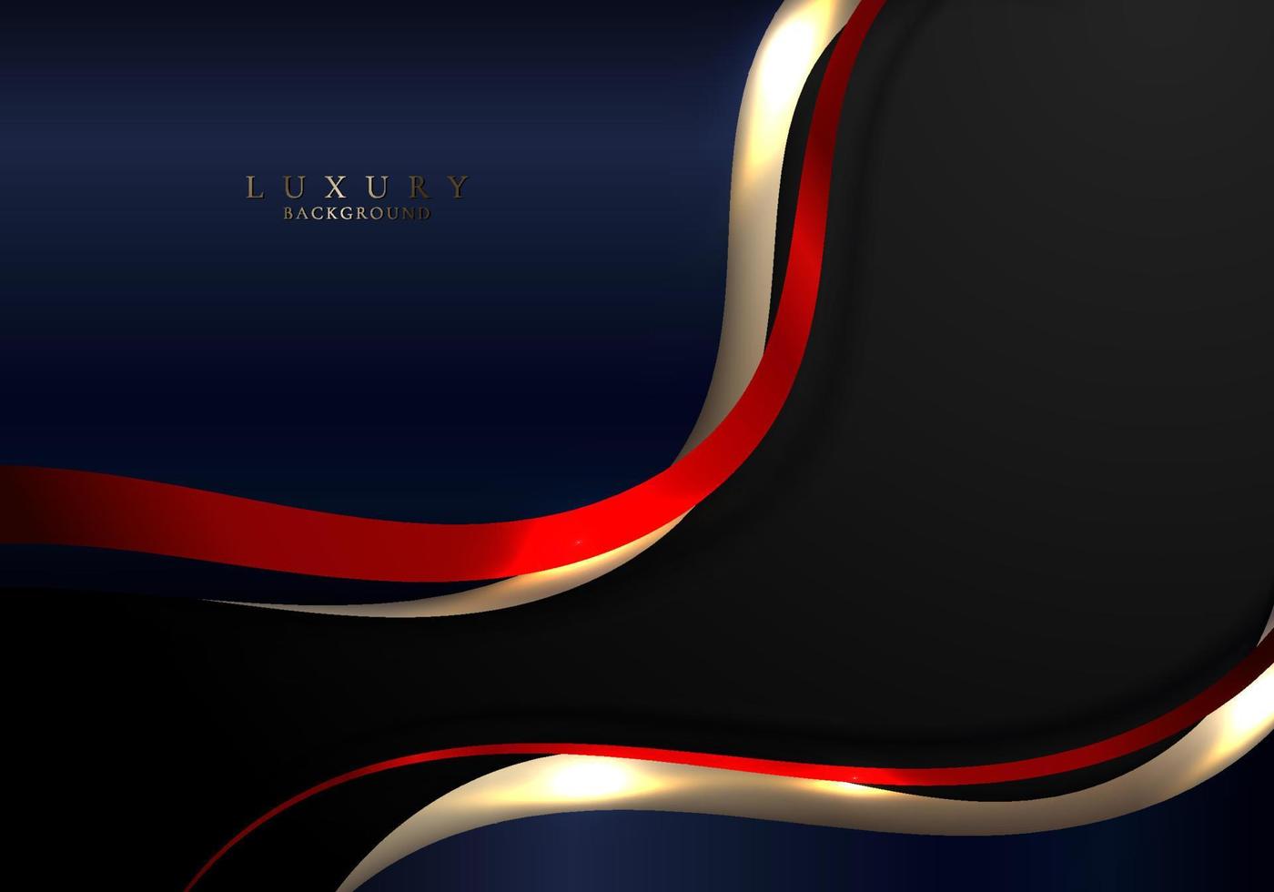 linhas de onda curvas elegantes abstratas de ouro, vermelho e azul com luz cintilante brilhante no estilo de luxo de fundo preto vetor