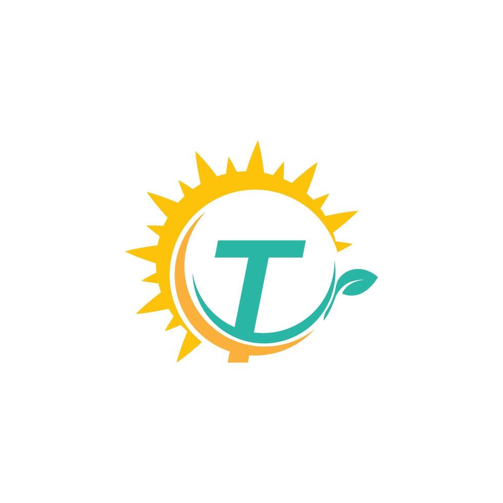 logotipo do ícone da letra t com folha combinada com design de sol vetor