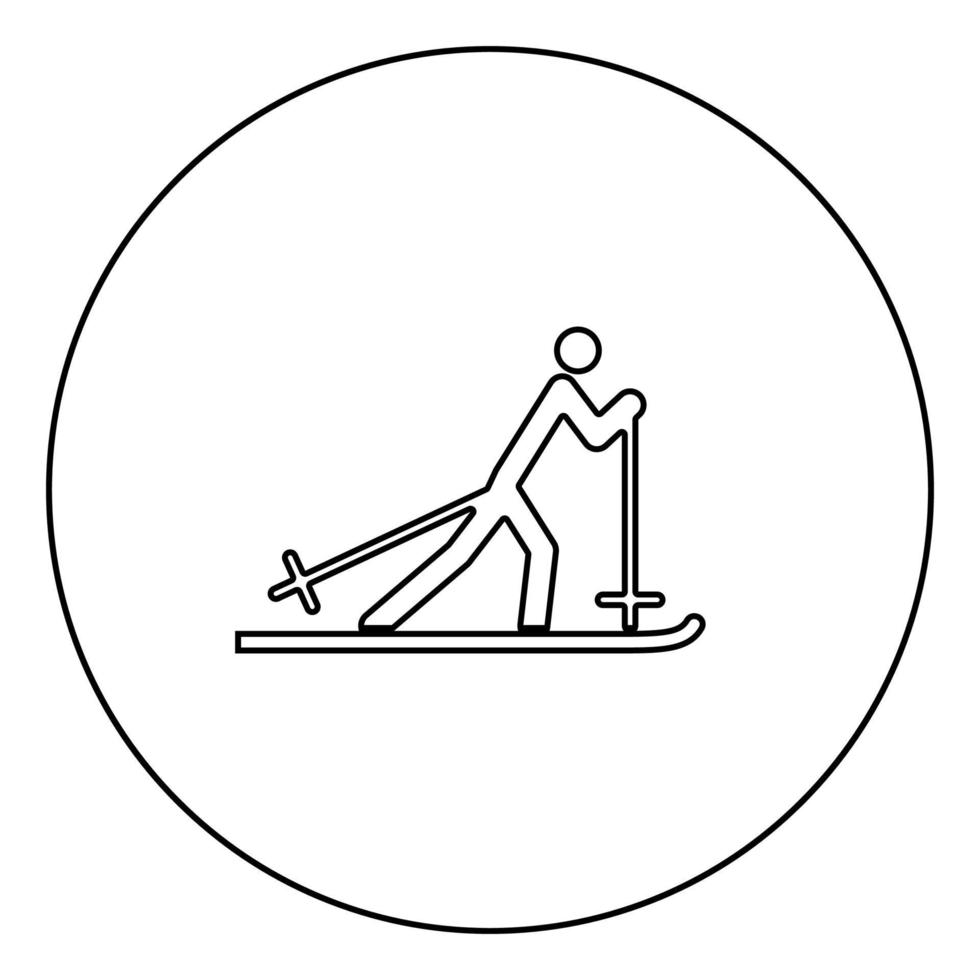 contorno de ícone preto de esquiador na imagem do círculo vetor