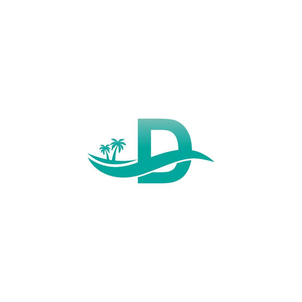 letra d logotipo coqueiro e design de ícone de onda de água vetor