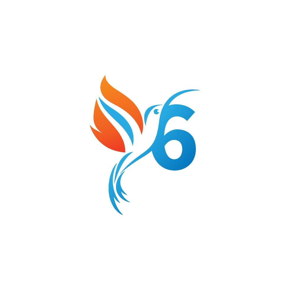 número 6 combinado com o logotipo do ícone do beija-flor da asa de fogo vetor