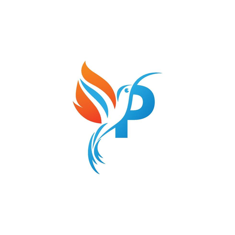 letra p combinada com o logotipo do ícone do beija-flor da asa de fogo vetor