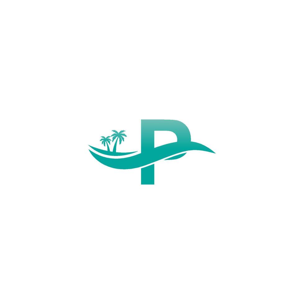 letra p logotipo coqueiro e design de ícone de onda de água vetor