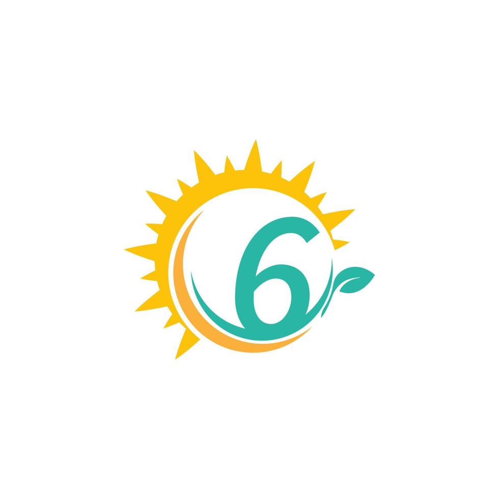 logotipo do ícone número 6 com folha combinada com design de sol vetor