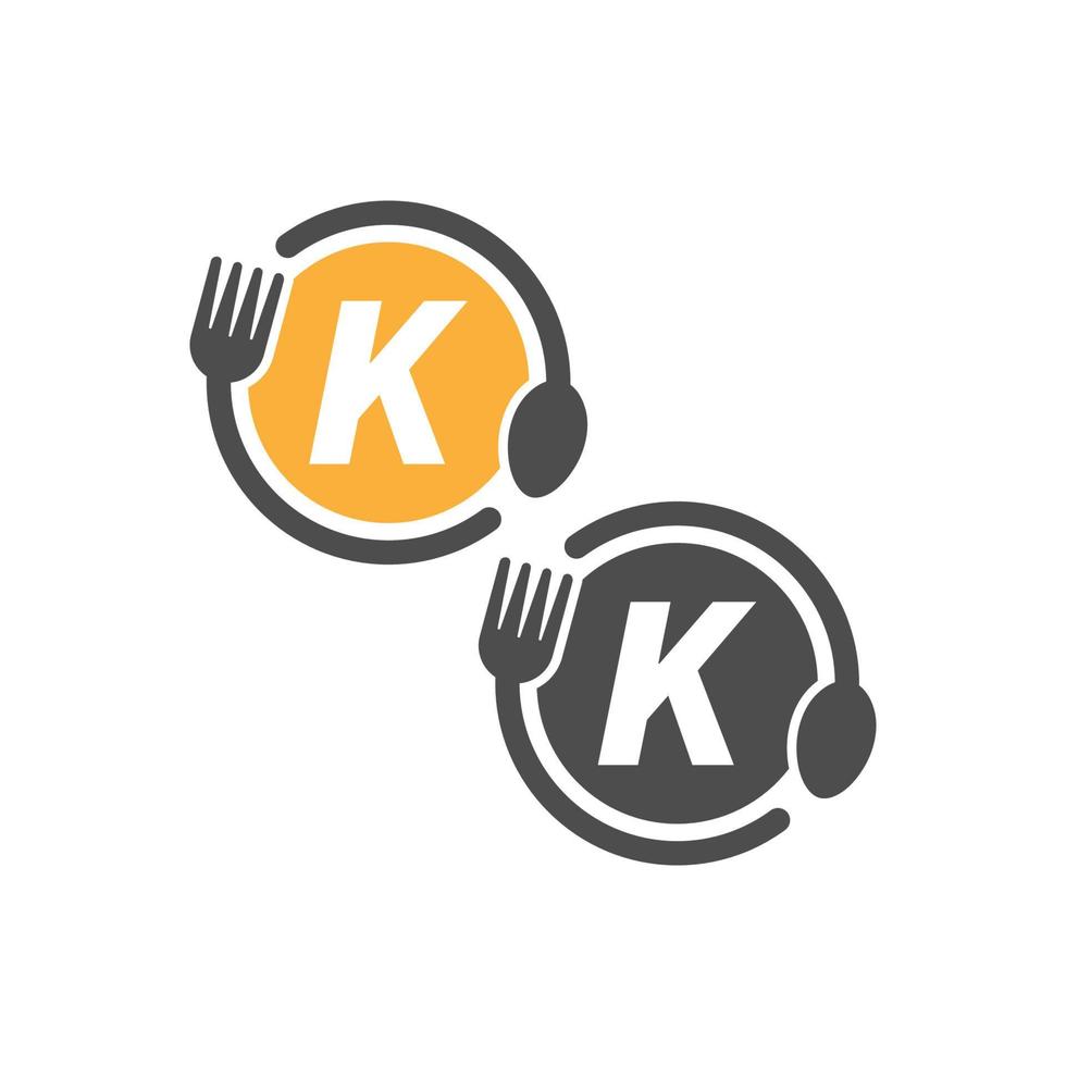 ícone de garfo e colher circulando o design do logotipo da letra k vetor
