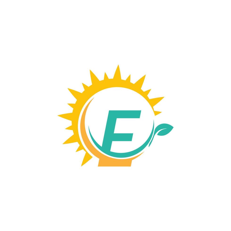 logotipo do ícone da letra e com folha combinada com design de sol vetor