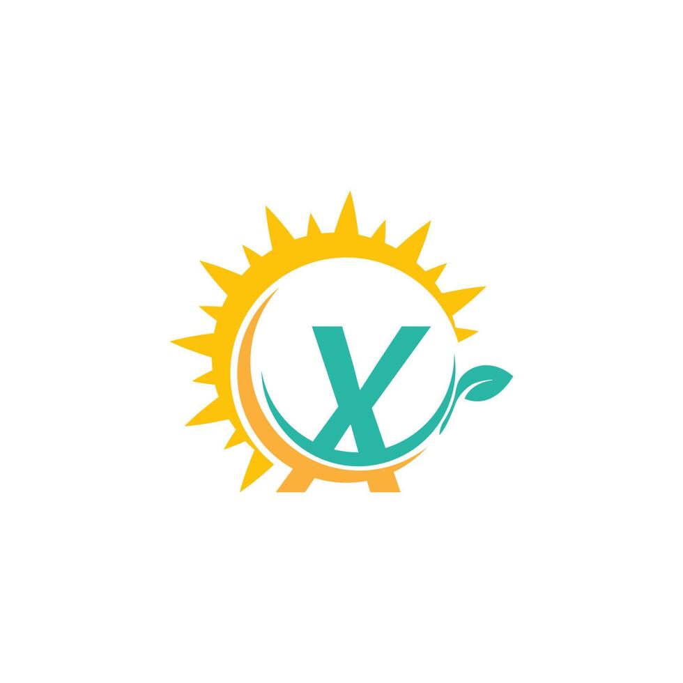 logotipo de ícone de letra x com folha combinada com design de sol vetor
