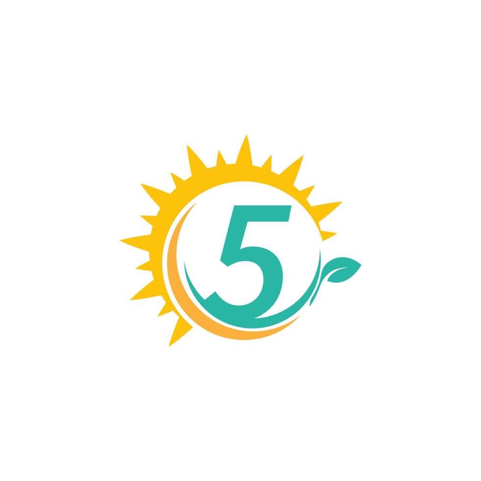 logotipo do ícone número 5 com folha combinada com design de sol vetor