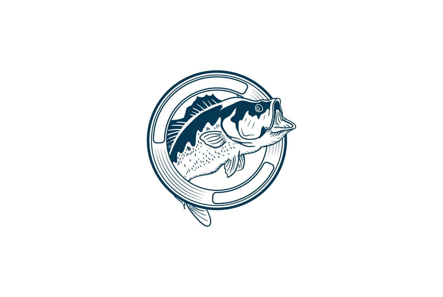 rótulo de emblema de emblema de peixe de boca grande circular baixo redondo para vetor de design de logotipo de clube de pescadores