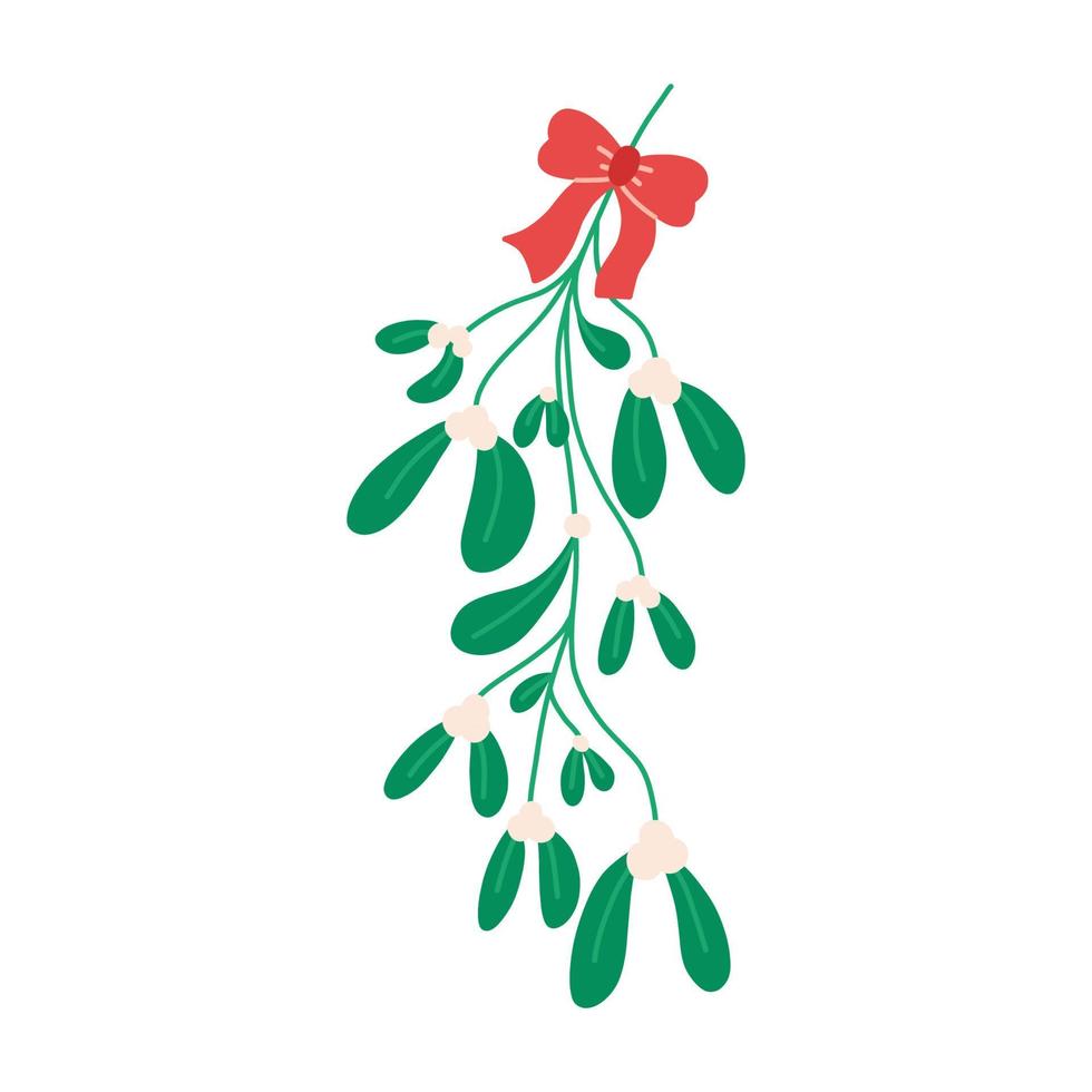 visco de planta de natal tradicional com laço e fita, ilustração vetorial plana isolada no fundo branco. beleza e elemento de inverno botânico elegante. vetor