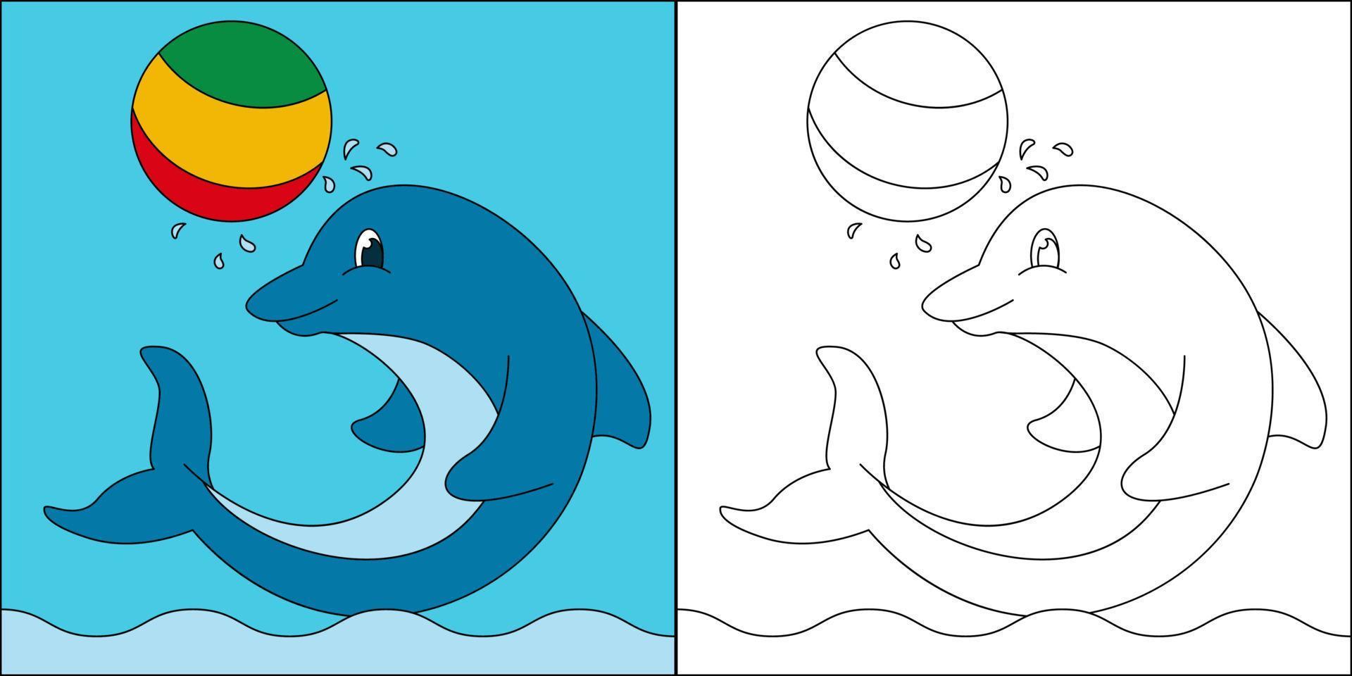 golfinho pulando jogando bola adequada para ilustração vetorial de página para colorir infantil vetor